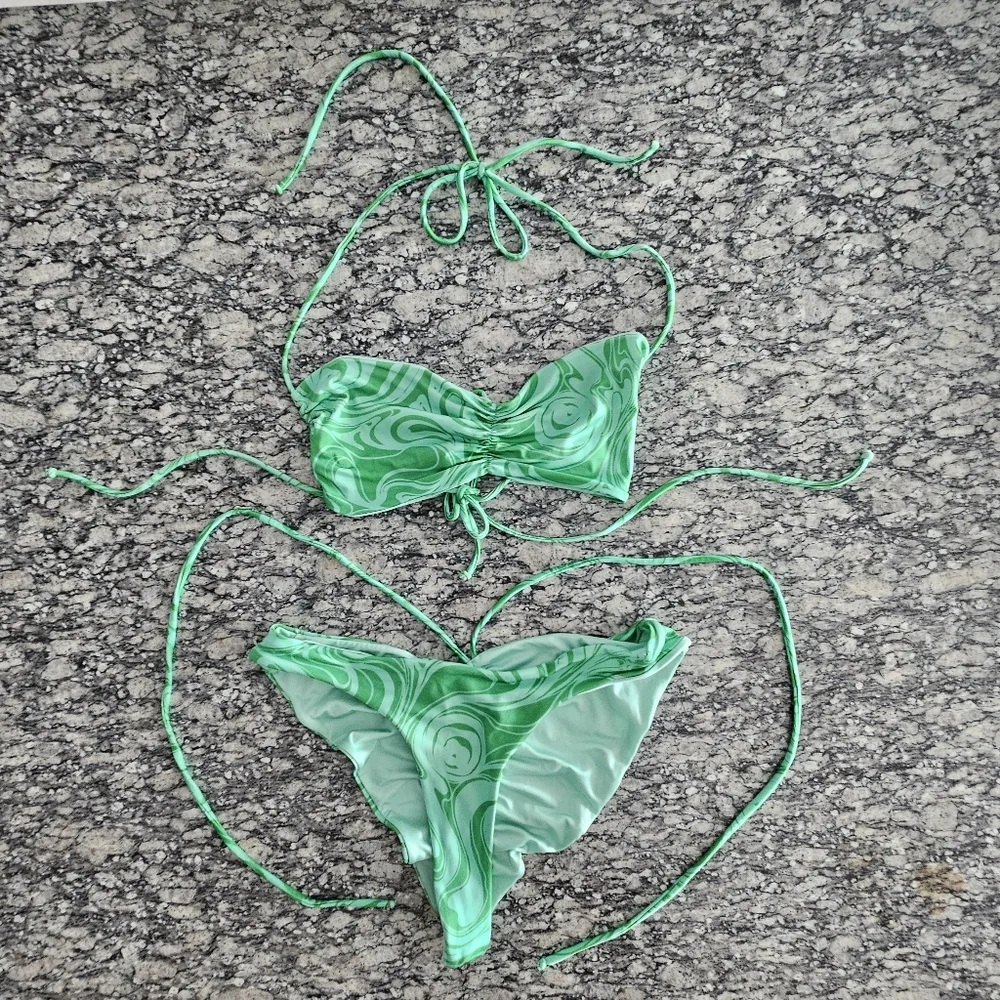 Frankie's Bikinis Naomi Foxy Satin Cheeky Green Camouflage Two Piece - Picture 11 of 12